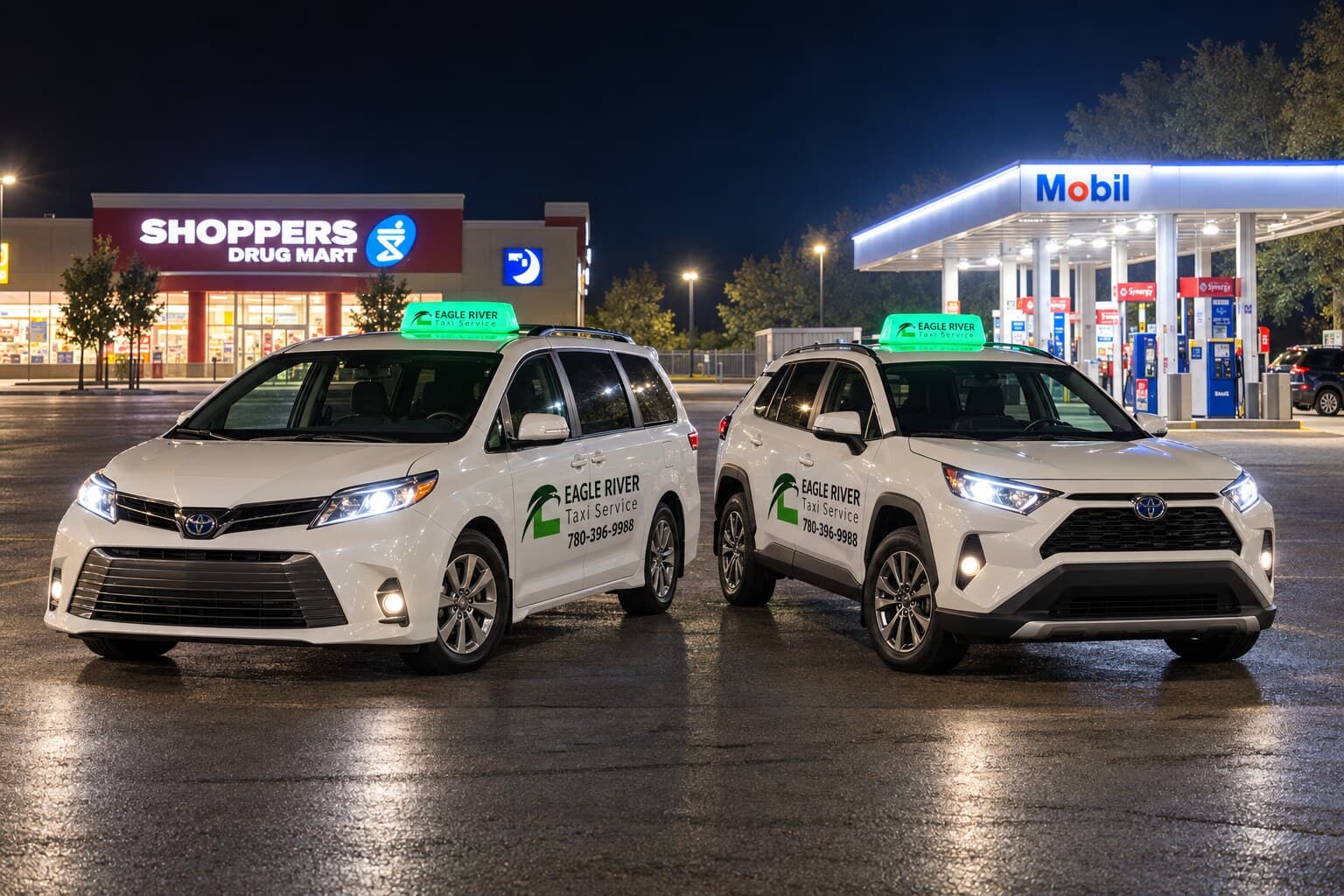 Two Eagle River Cabs vehicles at night between Shoppers Drug Mart and Mobil in Whitecourt.
