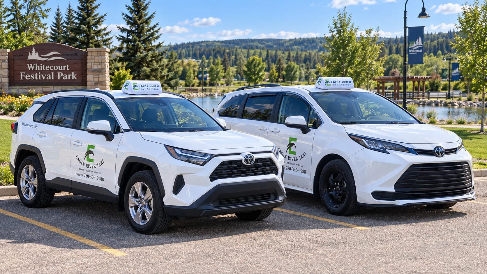 Two branded Eagle River Cabs vehicles at Whitecourt Festival Park.