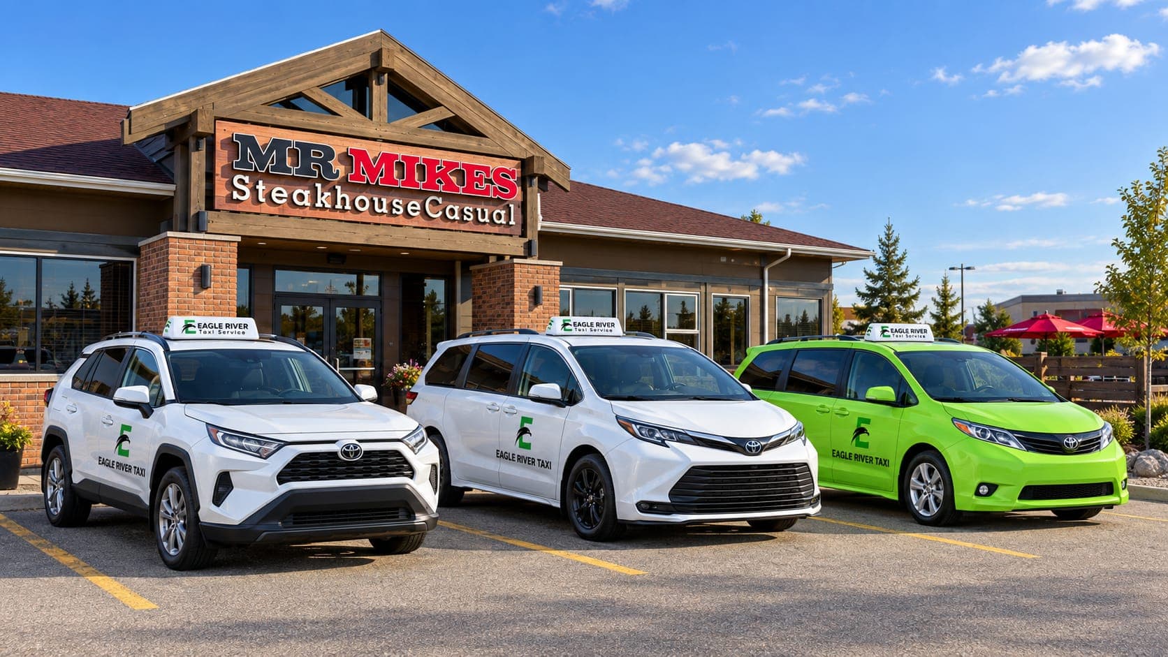 White and green Eagle River Cabs vehicles outside a restaurant.