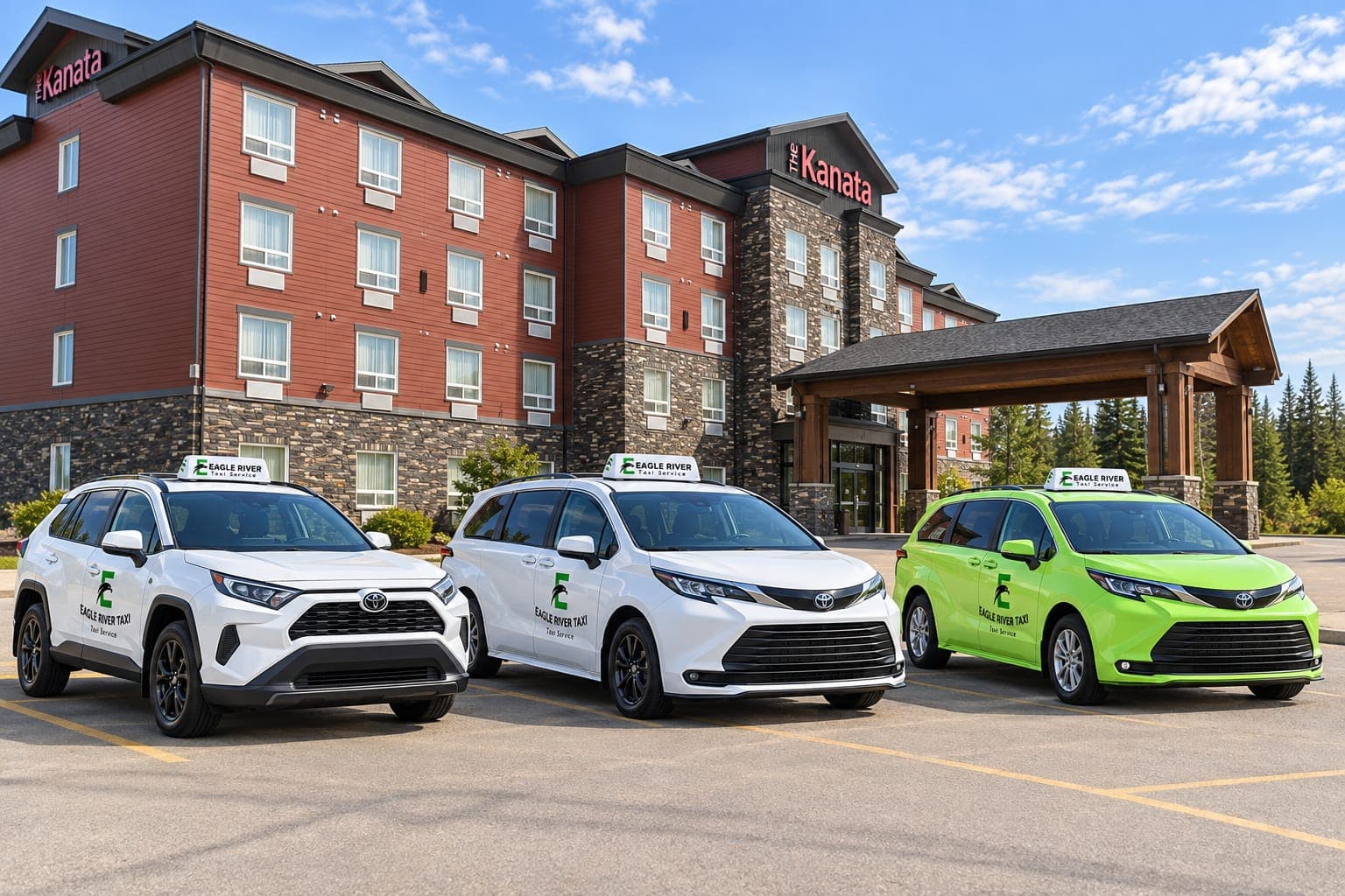 White and green Eagle River Cabs vehicles outside a hotel.