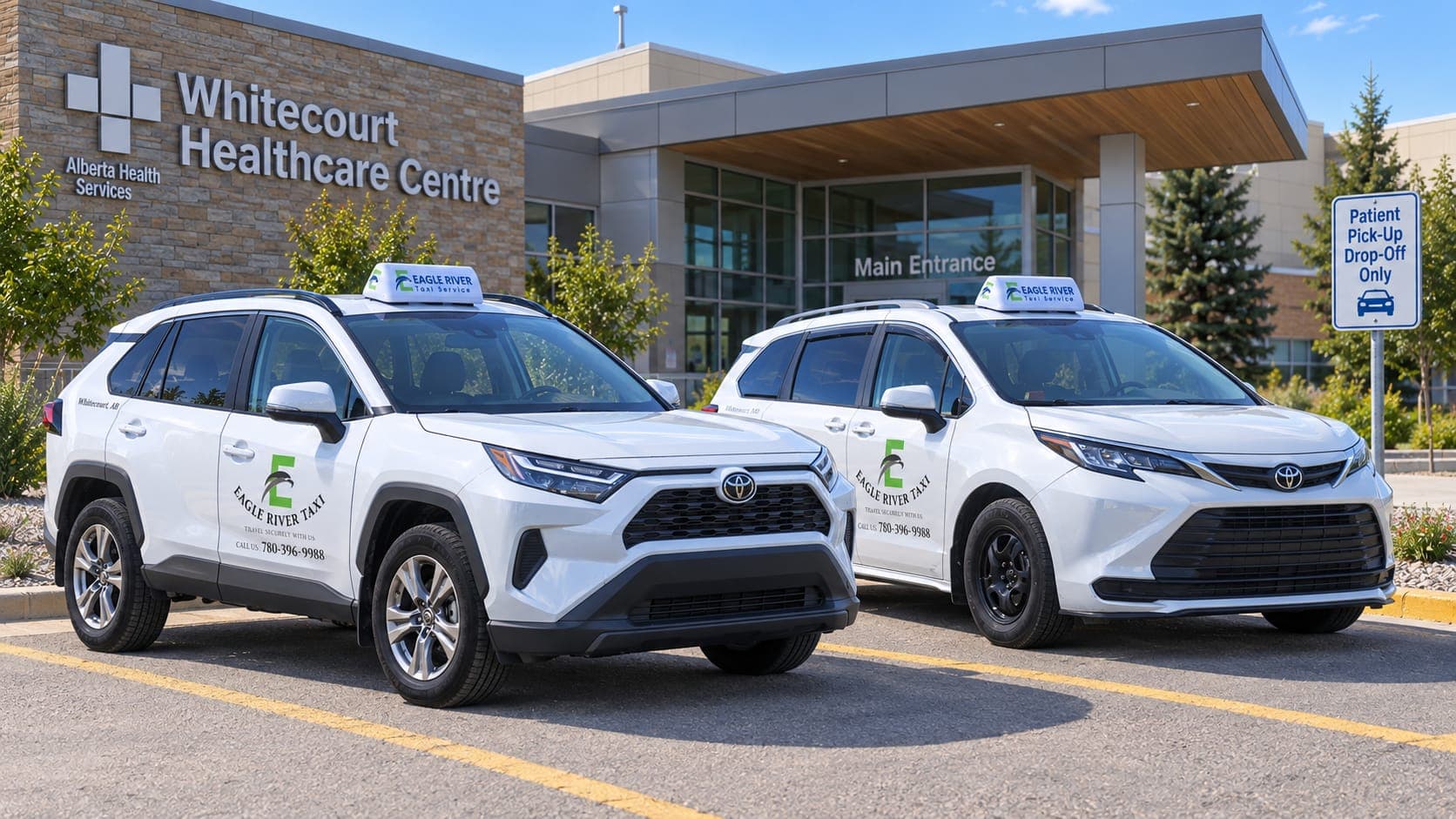 Two branded Eagle River Cabs vehicles outside Whitecourt Healthcare Centre.