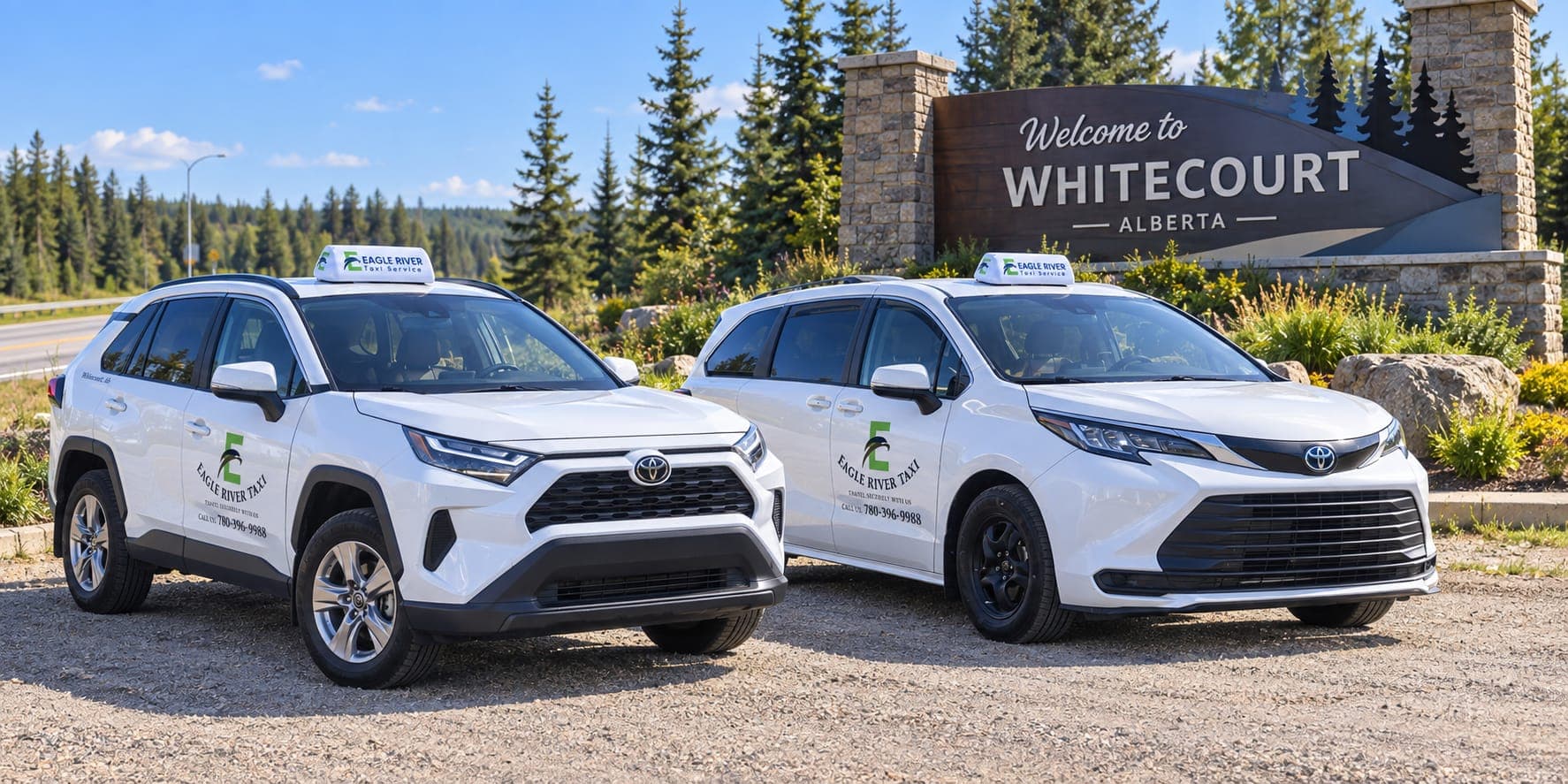 Two Eagle River Cabs vehicles beside the Welcome to Whitecourt sign